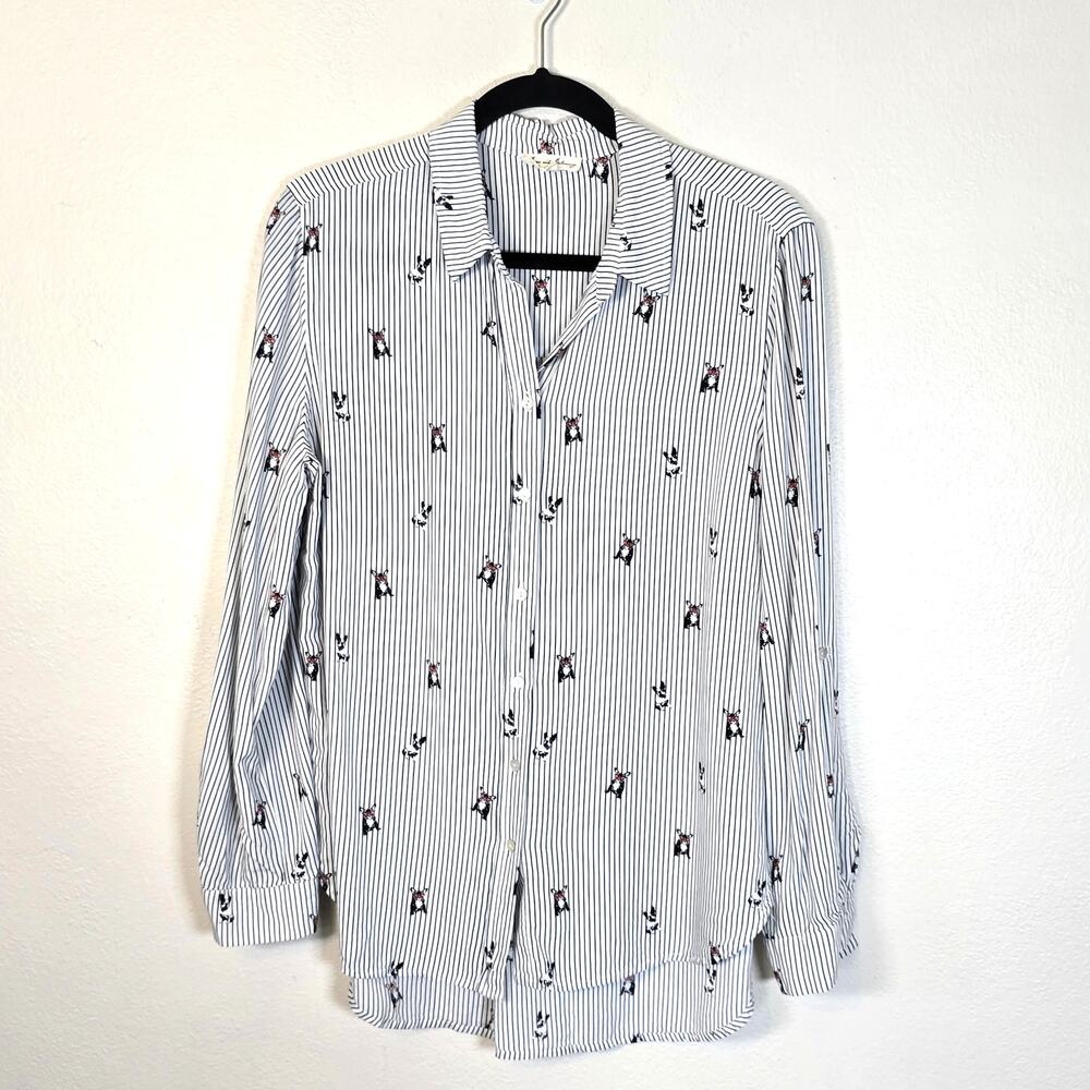 Jane & Delancy French Bulldog Shirt Womens L Black White Stripe Dog Lover Artsy
